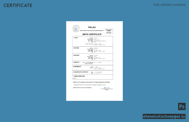 Palau-Geburtsurkunde: Beispielvorschau in Word und PDF